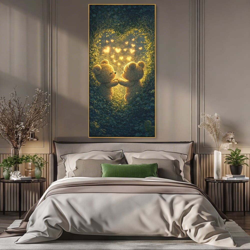 Tablou canvas cu doi ursuleti pufosi in padure, in rama de aluminiu auriu, pe perete intr-un dormitor